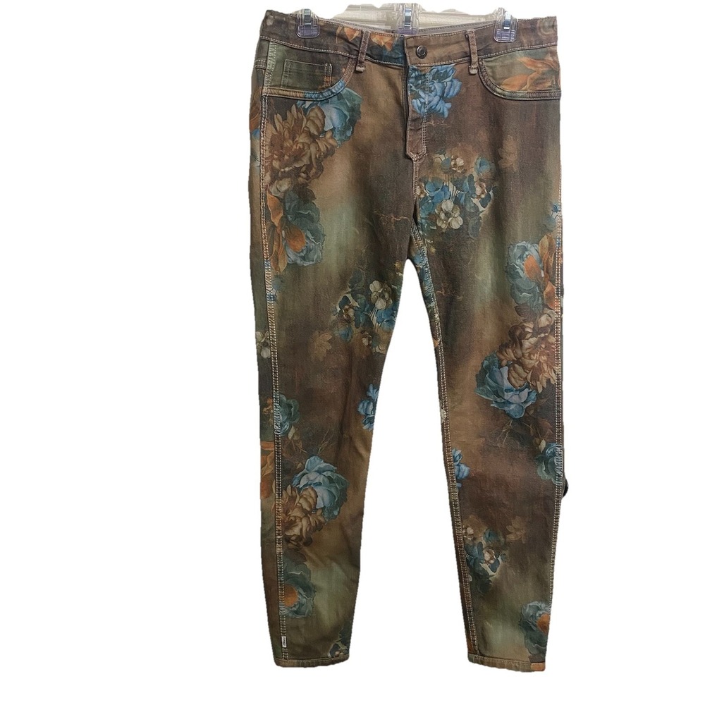 Tempo Paris Reversible Khaki Floral Straight Leg Pants Beige Size Large